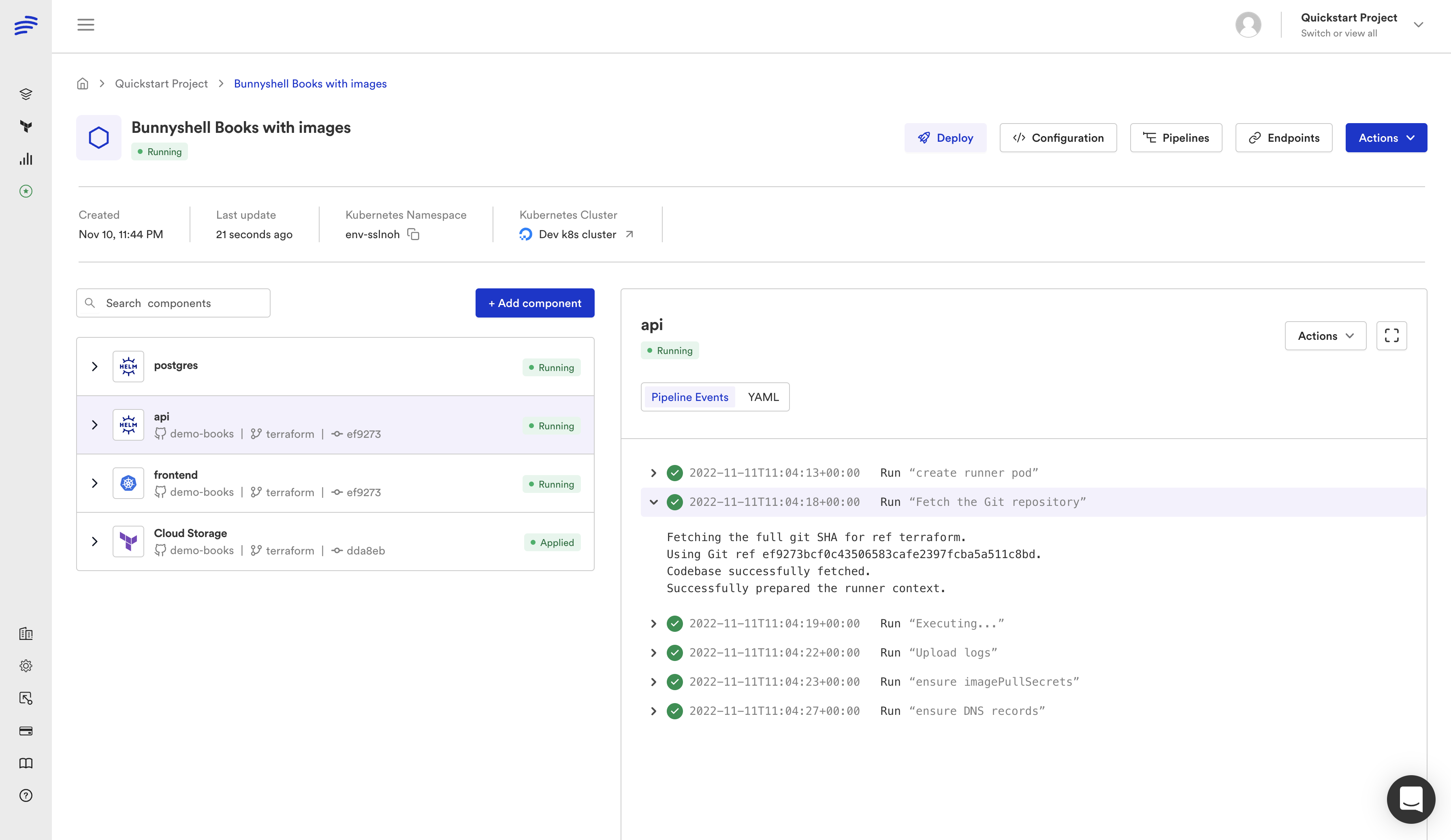 Environment details — components with pipeline logs and status
