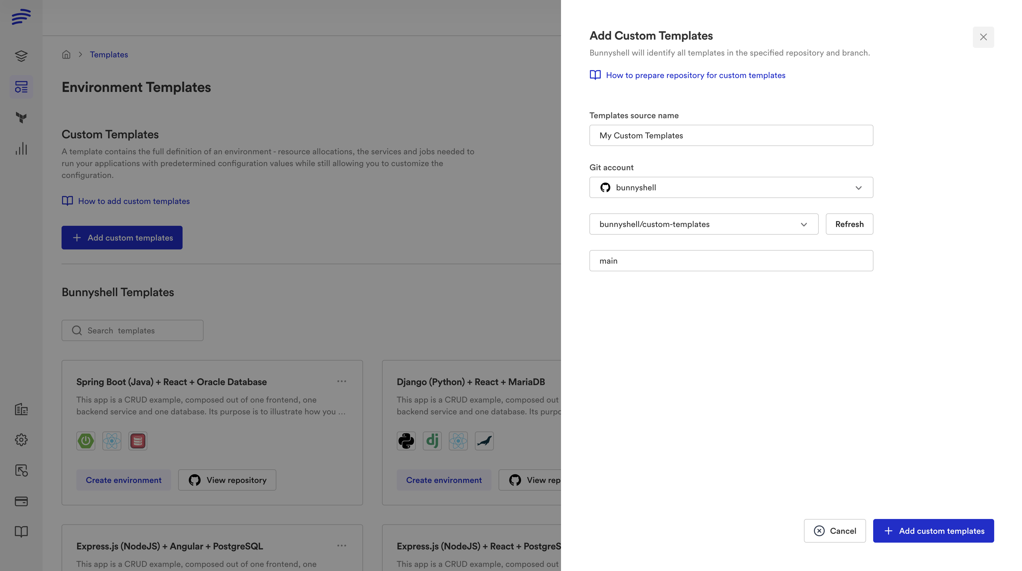 Adding custom templates from a Git repository in Bunnyshell