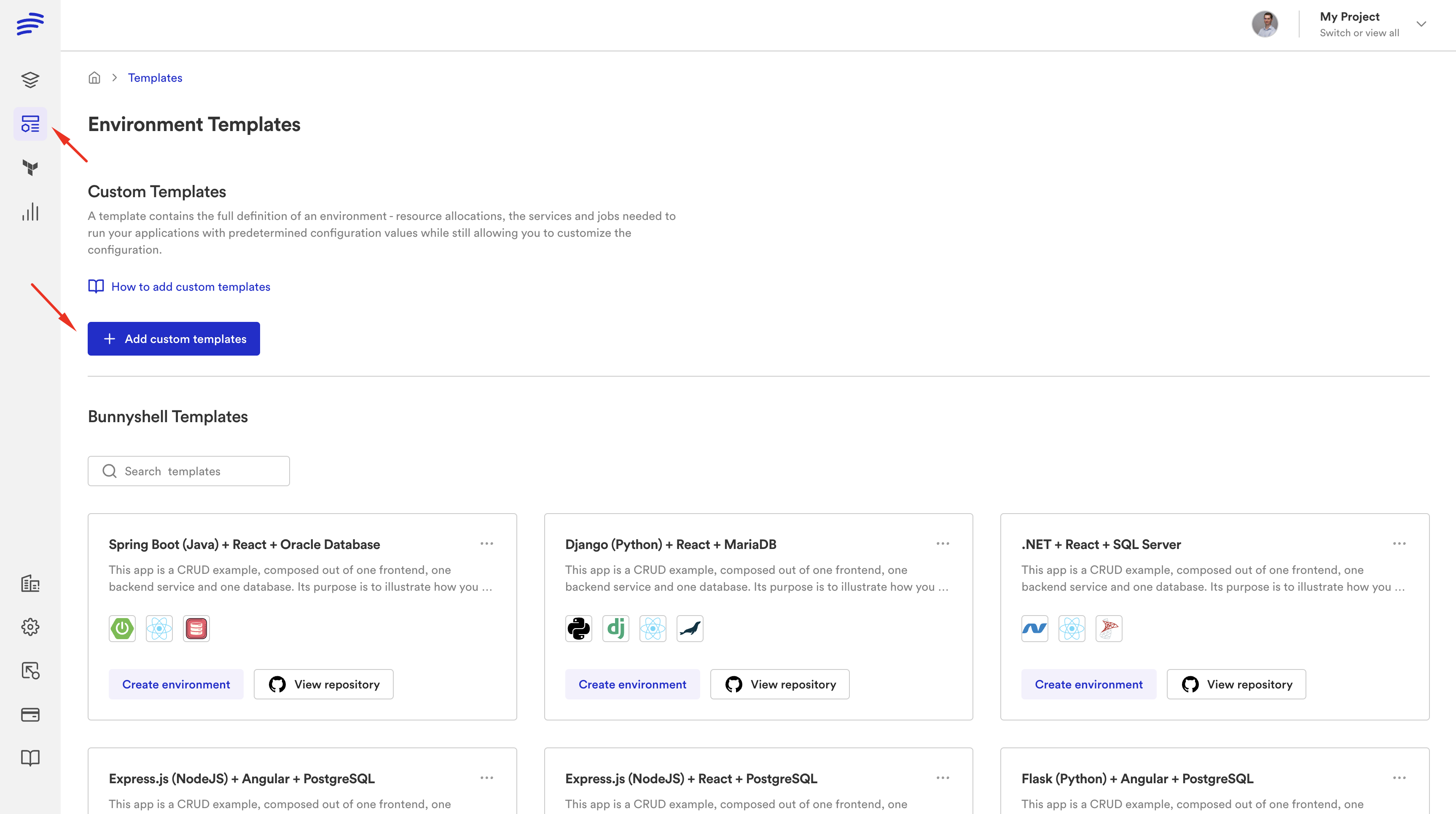 Bunnyshell Template Gallery — browse and deploy environment templates