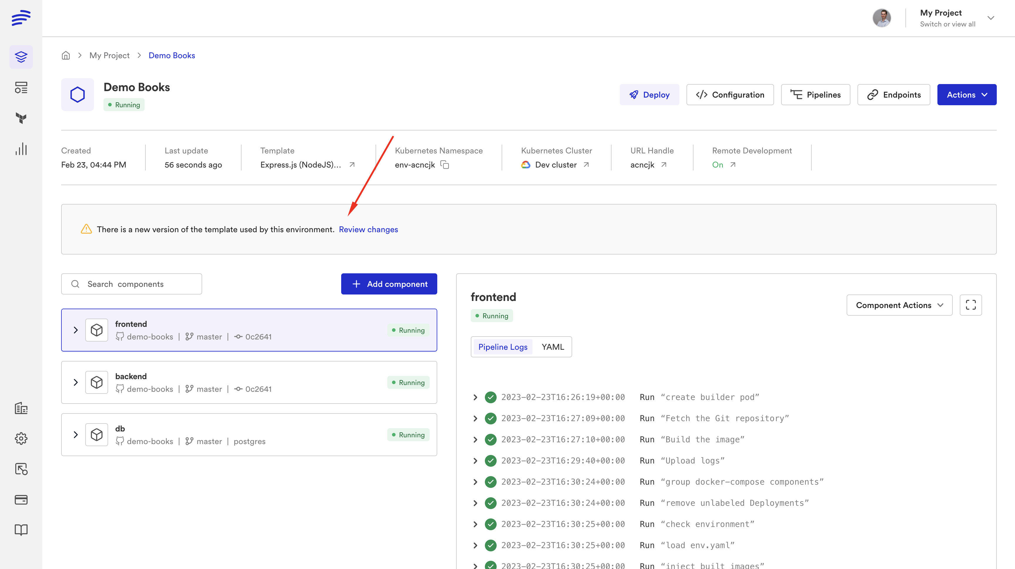 Template drift detection — Bunnyshell notifies when the template has been updated